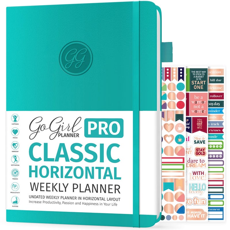 GoGirl Planner PRO - Undated Horizontal Layout Weekly Planner and Organizer + Budgeting and Expense Tracking Pages, Goals Journal & Agenda, 7" x 10" Hardcover, Lasts 1 Year - Turquoise - Image 1